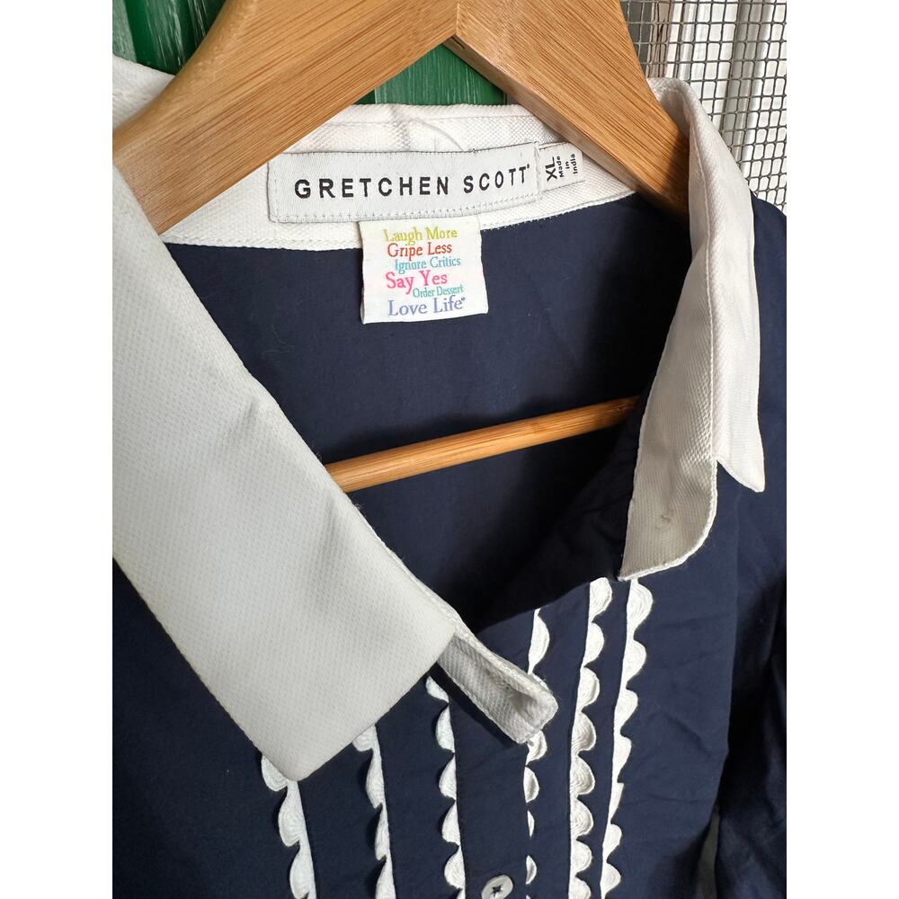Gretchen Scott Ric Rac Roc Blouse Navy Button-Up Size Extra Large - Picture 2 of 7
